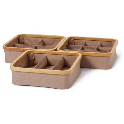 Obrázok produktu pre Organizér Lumaland s bambusovým rámom – sada 3 ks – 30 x 30 x 9 cm (rozdelenie 3/4/9) – farba taupe