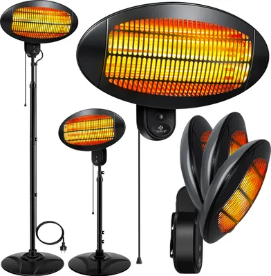A collage of different infrared heaters, including floor-standing and wall-mounted models, with glowing heating elements.