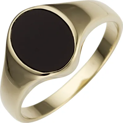Produktbild von Ring aus 585 Gold Gelbgold mit Onyx schwarz oval flach Goldring Uni, Ringgröße:Innenumfang 52mm  Ø16.6mm