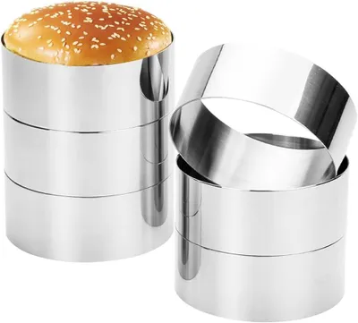 Imagen del producto de Juego de moldes para hamburguesas, de 6 piezas, con un diámetro de 10 cm y una altura de 4 cm, fabricados en acero inoxidable, ideales para pasteles y postres