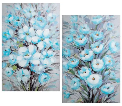 Productafbeelding van DRW set met 2 rechthoekige houten wanddecoraties met blauwe bloemen, 60 x 3 x 90 cm