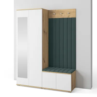 Produktbild von Garderoben-Set Aura Version 7: Kleiderschrank mit Polsterpaneelen, Schuhschrank Flur und Eingangsbereich (weiß/Artisan-Eiche /Trinity 28)