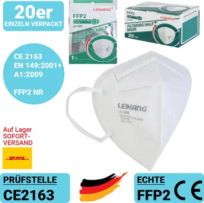 Produktbild von 20x FFP2 Maske LEIKANG Atemschutz-Maske Mundschutz CE 2163 einzeln verpackt, Flandell 199225, Farbe: Weiß