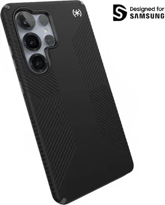 A black Speck Presidio2 Grip phone case for a Samsung Galaxy S25 Ultra is shown against a white background. The case has a textured grip pattern and a prominent camera cutout. A 'Designed for Samsung' logo is visible in the top right corner.