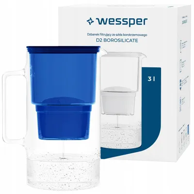 Produktbild von Wessper D2 BOROSILICATE Wasserfilterkanne 3 L Blau – Glasfilterkanne mit AquaMax Filter, BPA-frei