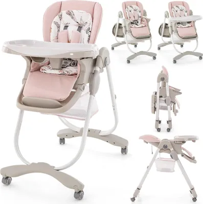 Image de Chaise haute bébé réglable à roulettes, rose, pliable