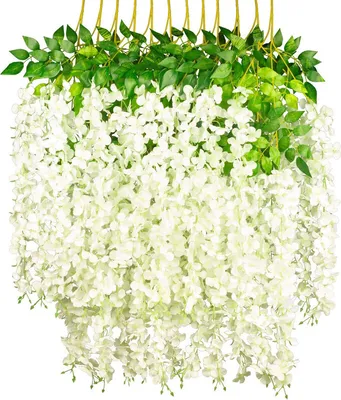Image de Glycine Fleur artificielle Bushy Silk Vine Guirlande suspendue pour mariage Jardin Extérieur Vert Bureau Décoration murale, Blanc