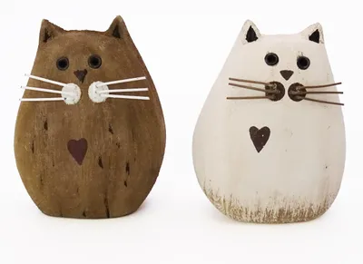 Katzenfiguren aus Schwimmholz, 2er-Set, natur/weiß, 7 cm
