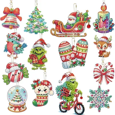 Productafbeelding van Diamond Painting Kerstset, 14 stuks, doe-het-zelf sleutelhanger set