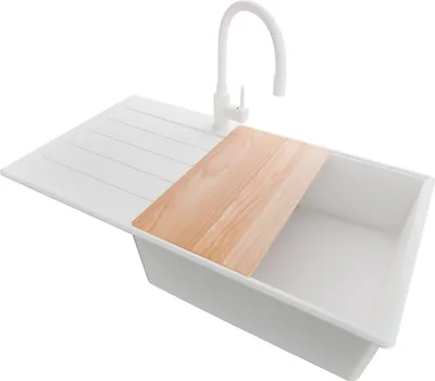 Produktbild von PRIMAGRAN Granitspüle Alles Weiß 90x50cm, Spülbecken 1 Becken + Ablauf-Set + Küchenzubehörset, Küchenspüle ab 60er Unterschrank - Kopenhagen