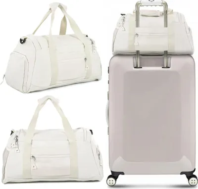 A collage of three images showing a white duffel bag and a white suitcase.