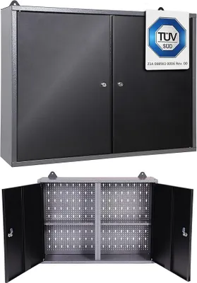 Zdjęcie produktu dla Szafka warsztatowa wisząca, metalowa, szafka na narzędzia, zamykana na klucz, szara/czarna, 80 cm - Ben