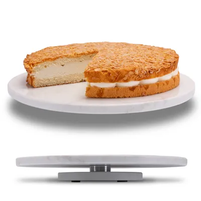 Produktbild von Fino Casa drehbare Marmorplatte rund Tortenplatte Kuchenplatte Wurstplatte Käseplatte Marmor Platte Servierplatte mit Fuss Servierteller weiß