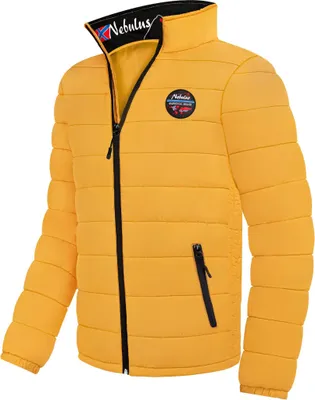 A yellow puffer jacket with a black zipper and collar.