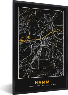 Produktbild von MuchoWow® Gerahmtes Poster Schwarz und Gold - Stadtplan - Hamm - Deutschland - Karte 40x60 cm - Poster mit Schwarzem Bilderrahmen Wandposter Rahmen Foto Bilder - Papierdruck - Wandbilder