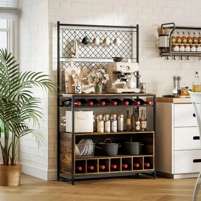 Produktbild von Küchenregal mit Arbeitsfläche Metallgitterpaneele und 5 Haken Küchenschrank Buffetschrank für Gewürze Töpfe Pfannen Braun