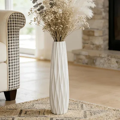 Productafbeelding van Keramische vloervas, wit, 45 cm hoog, grote bloemenvaas voor de woonkamer