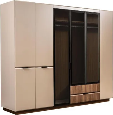 Produktbild von Luxus Doppelbett Garnitur Schlafzimmer Nachttische 4tlg Beige Schrank