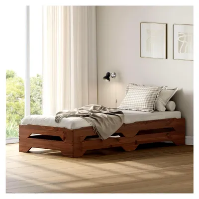Produktbild von Stapelbett 2er Set Gästebett Ronny Einzelbett Stapelliege Kiefer massiv kastanienfarben 90x200 cm Kinderbett Jugendbett