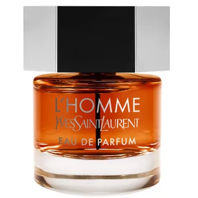 A close-up studio shot of a bottle of Yves Saint Laurent L'Homme Eau de Parfum.