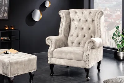 Produktbild von riess-ambiente Design Ohrensessel CHESTERFIELD 105cm champagner beige Samt silber Ziernieten