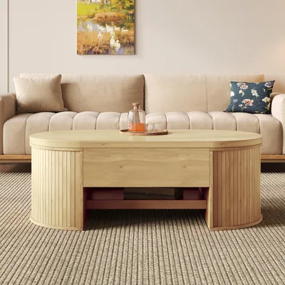Produktbild von MODFU Couchtisch mit ausziehbarem Regal,Multifunktionales Wohnzimmertisch mit anhebbarer Tischplatte,Natürlich Sofatisch Beistelltisch mit gebogenen
