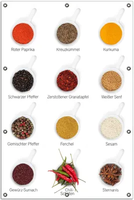 Produktbild von Wallario Outdoor-Poster für Garten oder Balkon, Motiv Welt der Gewürze - Übersicht über verschiedenen Gewürze, in ca. 100 x 150 cm
