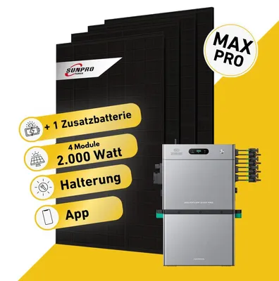 Produktbild von Balkonstrom Balkonkraftwerk 2000W Solaranlage mit Speicher | 1xZusatzspeicher | Ziegeldachhalterung | 2xSolarmodul  | Zendure SolarFlow 2400 Pro