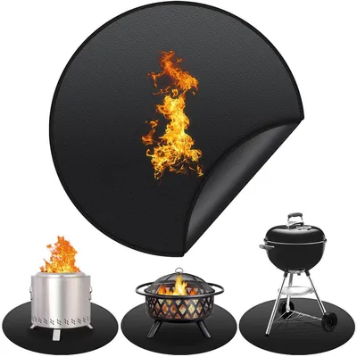 A collage of a round fire pit mat with flames, a silver fire pit, a black fire pit, and a black grill.