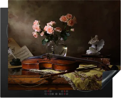Produktbild von KitchenYeah© Herdabdeckplatte Violine - Rosen - Rosa - Blumen - Stilleben , 65x52cm, Küche Deko, Glaskeramikkochfeld Herdabdeckung, Abdeckplatte fùr Kochfeld