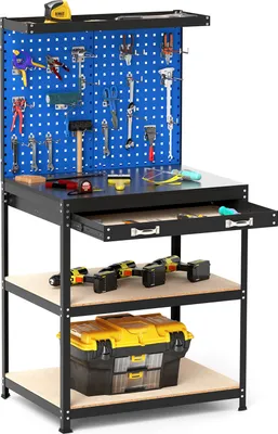 Zdjęcie produktu dla COSTWAY Stół warsztatowy do 225 kg Stół warsztatowy z perforowanym panelem, szufladami, półkami i 20 hakami do zawieszania, stół narzędziowy 81x41x156 cm Niebieski