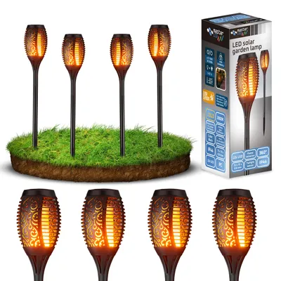 A collage of solar garden lamps, showing a set of lamps on grass and a product box.
