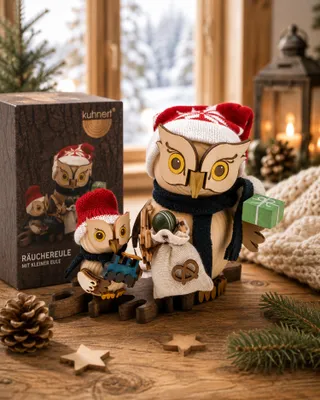 Produktbild von Eule Weihnachtsmann mit Kind Rauchfigur ca. 18 cm - Neuheit 2025