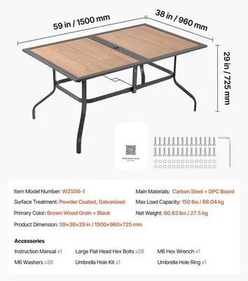 Obrázok produktu pre Záhradný stôl - Stôl na terasu - Rozmery 150,5 x 96 x 72,5 cm - Stolová doska z uhlíkovej ocele a DPC - Vodotesný - Otvor na slnečník 35 mm - Nosnosť 68 kg - Na terasu balkón záhrada