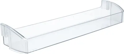 A clear plastic refrigerator shelf is shown against a white background.