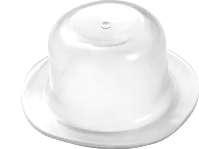 A clear plastic stopper with a wide brim, resembling a hat.