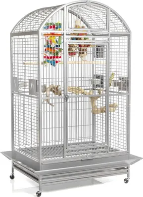 Produktbild von Montana Cages Castell Nova Dome Vogelkäfig Platinum für Papageien, Edelstahl AVILON-Pulverbeschichtung, 100x76x186 cm (ohne Schürze), 120x95x186 cm (mit Schürze), Innenhöhe 172 cm, inkl. Sitzstange, Auffangschürze, entfernbares Kotgitter, Rollenfüße, Anflugklappe, 4 Außenfuttertüren mit Drehverschluss, Nistkastentüre, Gitterabstand 25 mm, Gitterstärke 5 mm, waagerechte & vertikale Streben, 76 kg