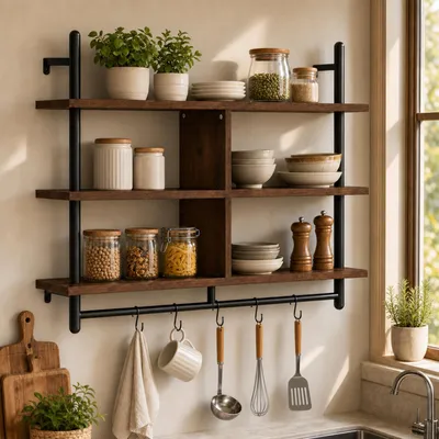 Produktbild von Wandregal 3 Ebenen mit Haken 105x24x94 cm Holz Metall Industrial Braun Schwarz