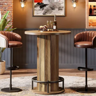 Immagine prodotto di Tavolo rotondo in legno, stile bistro, ideale per bar o ristoranti, con poggiapiedi, colore marrone, dimensioni 80x101 cm