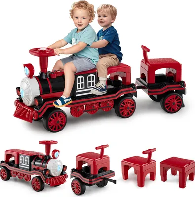 Immagine prodotto di COSTWAY Auto elettrica a 3 posti, auto per bambini a 12V con 2 sedili rimovibili, 1 locomotiva e 1 vagone, trenino per bambini con LED, fischio del treno e musica da 3 anni rosso