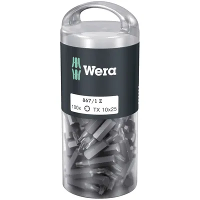 Produktbild von Wera 05072446001, 100 Stück(e), Torx, TX 10x25, 25 mm, 25,4 / 4 mm (1 / 4"), Hexagonal
