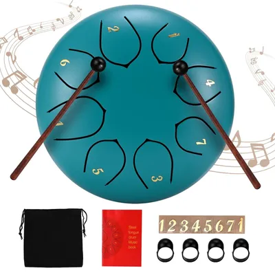 Produktbild von Stahl Zungentrommel Handpan Hang Drum - 6 Zoll - 8 Noten - Mit Trommelstöcken und Ständer - Antirutsch
