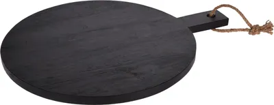 A black round wooden cutting board with a handle and a rope loop, shown on a white background.