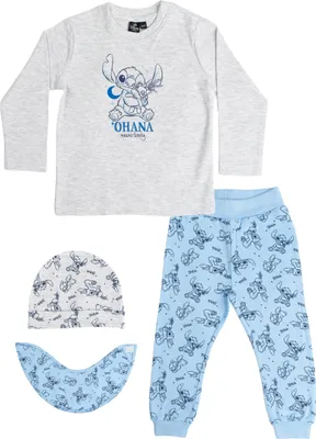 Produktbild von Disney Lilo & Stitch Baby Set - Ohana Unisex Oberteil Pullover mit Hose, Mütze & Halstuch 4-Teiler Grau/Blau 62-68