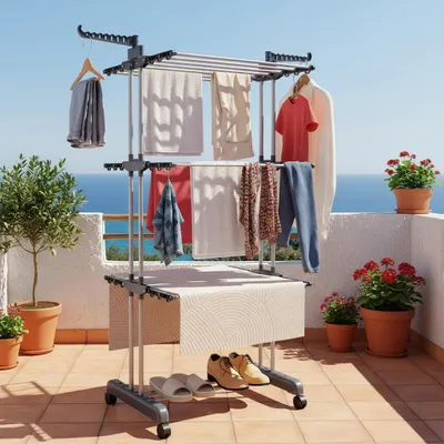 Image de Étagère à linge - Tour à linge à 4 niveaux - Pliable et extensible - Avec roulettes - 6 ailes et 2 bras pivotants - Gris clair
