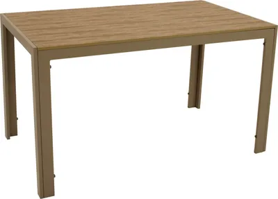 A rectangular outdoor table with a wood-look top and a champagne-colored metal frame, presented against a white background.