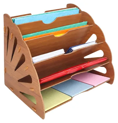 Produktbild von Relaxdays Briefablage, DIN A4, 5 schräge Fächer, HxBxT: 28 x 34 x 28 cm, MDF, Dokumentenfächer Büro, Büroablage, braun