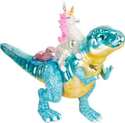 Immagine prodotto di BRUBAKER Unicorno che cavalca un dinosauro - Dipinto a mano - Decorazione per l'albero di Natale - Figura di dinosauro di fantasia Divertente regalo per l'albero
