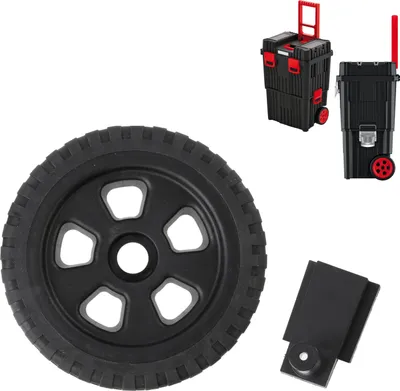 A wheel and parts of a tool cart are shown against a white background.