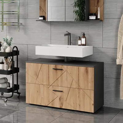 Produktbild von Vicco Waschbeckenunterschrank Irma, 100.1 x 60.6 cm mit 2 Schubladen, Anthrazit/Goldkraft Eiche